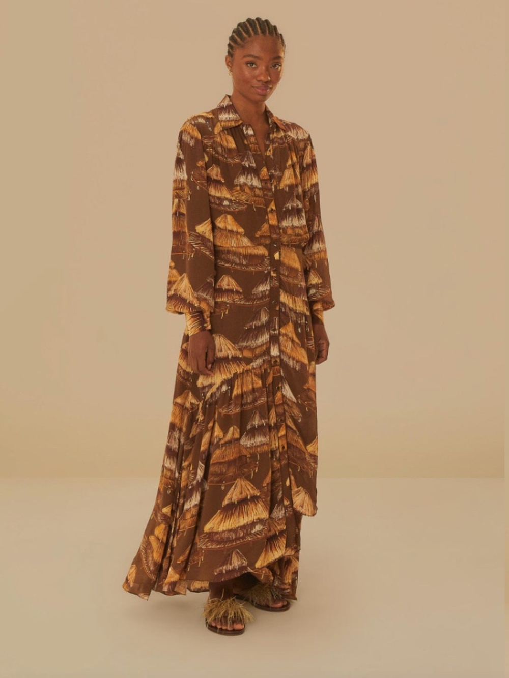 NWT Farm Rio Malocas Beige Long Sleeve Midi Dress Size XL RARE